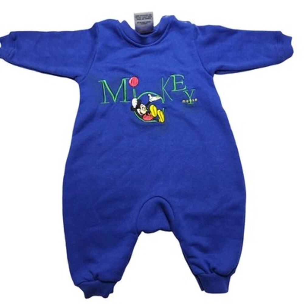 Vintage 90s Disney Mickey Inc Baby Sweatshirt Romper 6M Blue Mickey Embroidered